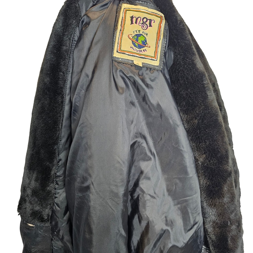 MGR Womens VTG‎ 90s Leather Jacket Coat Faux Fur Collar Medium Mob Wife Grunge - Picture 9 of 16